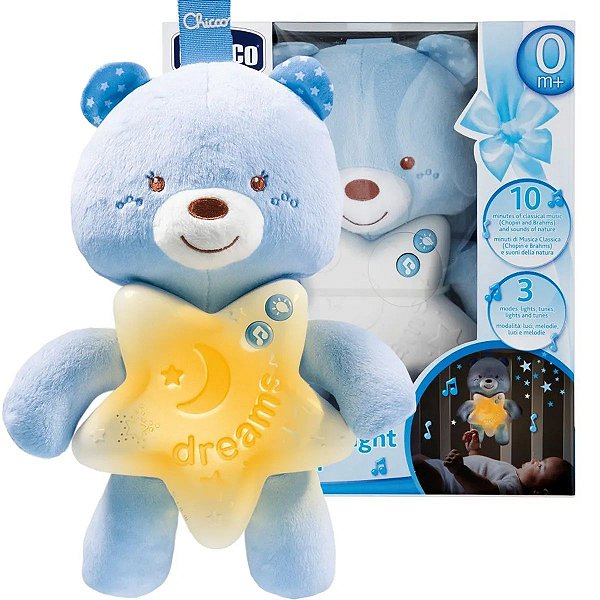 Móbile Ursinho de Pelucia Com Som E Iluminação Música Classica A partir do Nascimento Goodnight Bear Chicco Azul