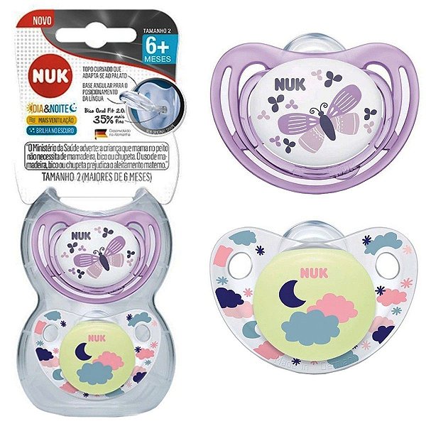 Kit 2 Chupetas de Bebê Brilha No Escuro A partir de +6 Meses Tam 2 Menina Dia e Noite Nuk