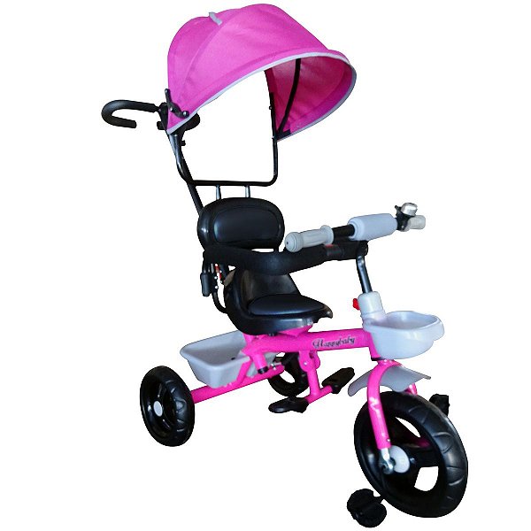 Triciclo Infantil de Ferro Com Capota Solar 2 Anos Até 25 Kg Barra Guia Sininho Brinqway Rosa