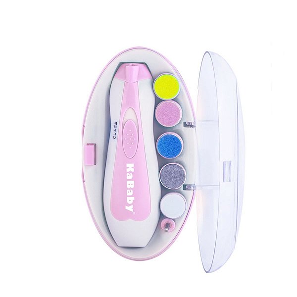 Kit Manicure Eletrico Portátil Para Bebês e Adultos KaBaby Rosa Com 5 Lixas e 1 Polidor