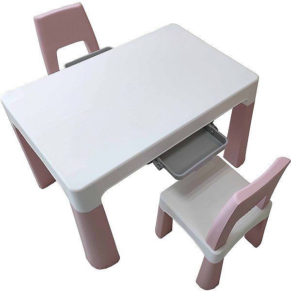 Conjunto de Mesa e Cadeiras Divertidas 77X50X54cm Playground Aprender com Gavetas Embutidas Rosa Brinqway