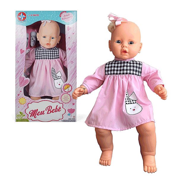 Boneca Infantil Meu Bebe Vestido Rosa/Xadrez Com Acessórios 60cm Estrela