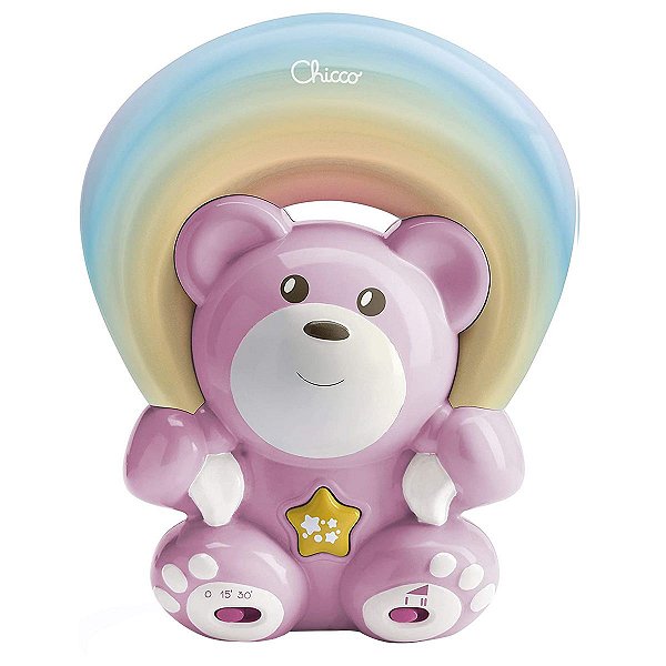 Luminária Infantil Ursinho Projetor de Arco-íris e Músicas Para Sono do Bebê Urso Rosa Chicco