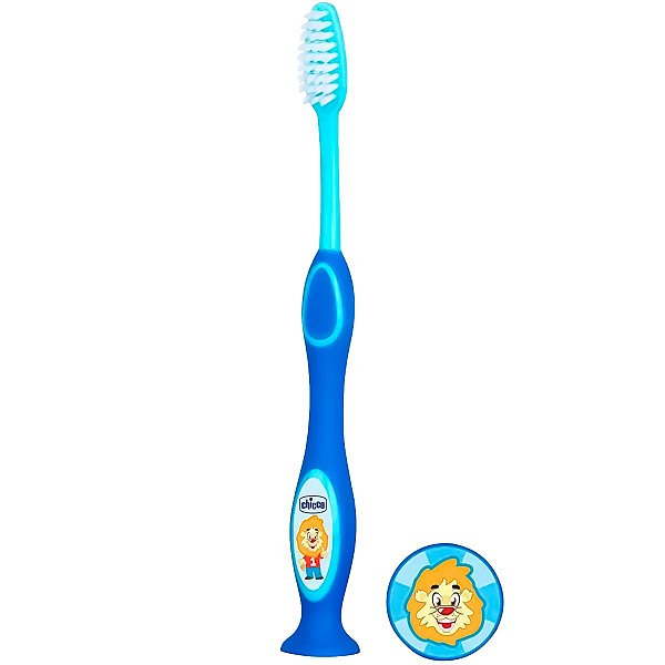 Escova Dental Infantil Cerdas Macias Com Tampa De Proteção e Ventosa +3 Anos Azul Chicco