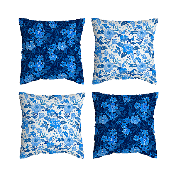 Kit 4 Capas de Almofada Floridas Azul Com Zíper