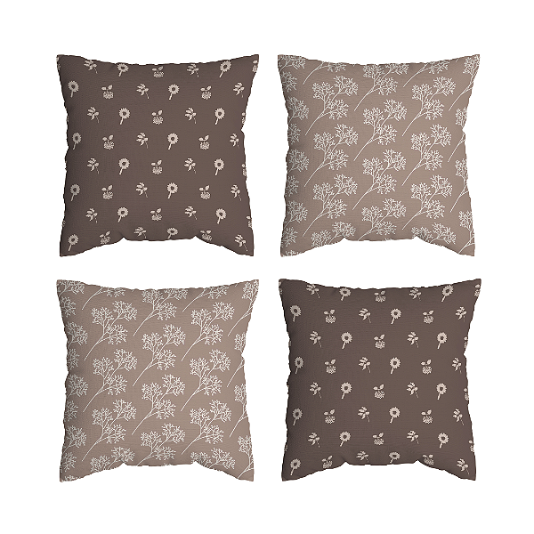 Kit 4 Capas de Almofada Floridas Marrom Com Zíper