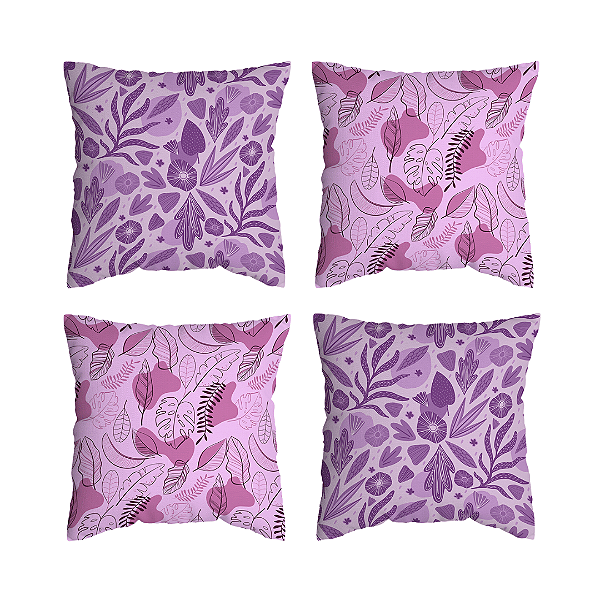 Kit 4 Capas de Almofada Floridas Roxo Com Zíper