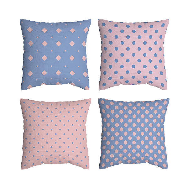 Kit 4 Capas de Almofada Geométricas Azul e Rosa Com Zíper