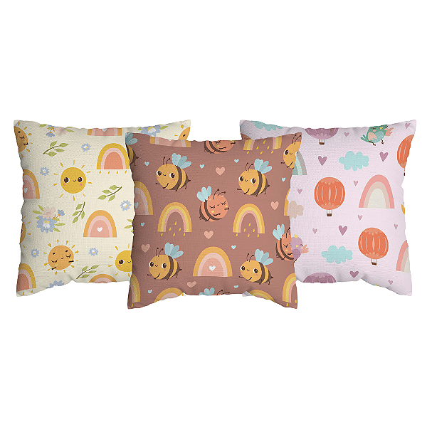 Kit 3 Capas de Almofada Céu e Abelhinhas Infantil Com Zíper