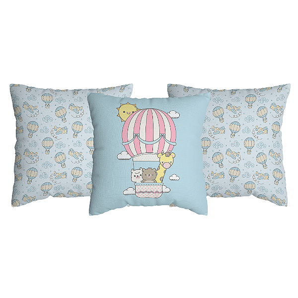 Kit 3 Capas de Almofada Balões Infantil Com Zíper