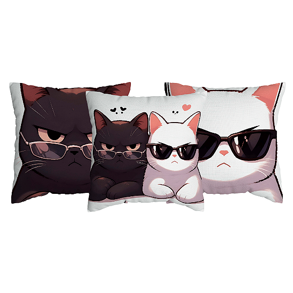 Kit 3 Capas de Almofada Gatinhos Preto e Branco Com Zíper