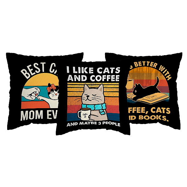 Kit 3 Capas de Almofada Frases Gatinhos Com Zíper