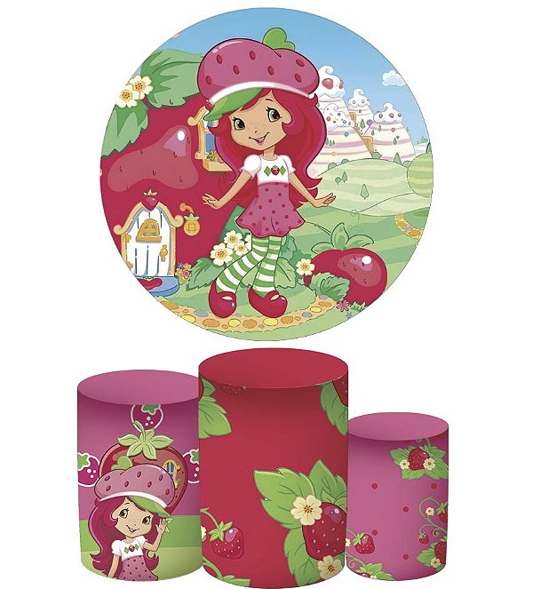 Kit Festa Moranguinho (1 capa de painel redondo 150cm de diâmetro + 3 capas de cilindros)