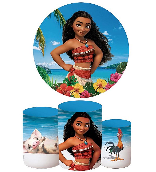 Kit Festa Moana (1 capa de painel redondo 150cm de diâmetro + 3 capas de cilindros)