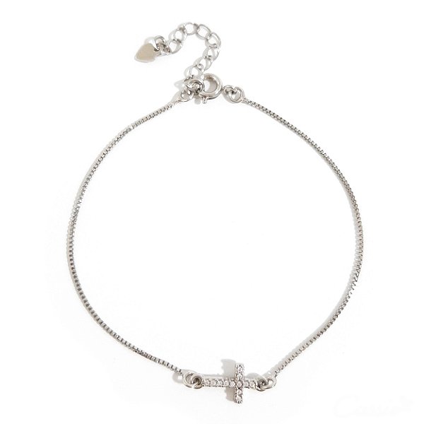 Pulseira Cruz Ródio Zircônias