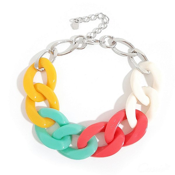 Pulseira Elos Resina Colorida Corrente Banhada a Ródio