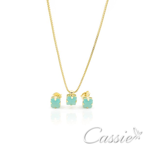 Conjunto Colar e Brinco Quadrado Mini Zircônia Verde