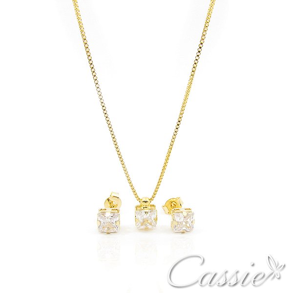 Conjunto Colar e Brinco Quadrado Mini Zircônia