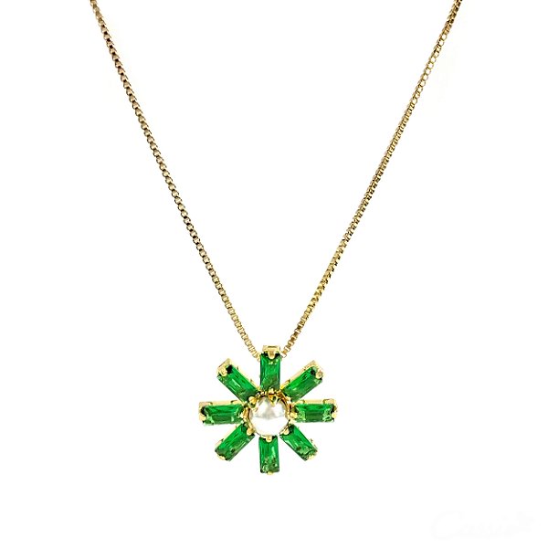 Colar Flor Pérola Zircônias Verde