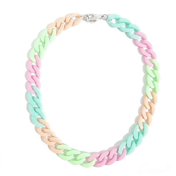 Colar Elos Resina Colorida Tons Claros Fecho Ródio