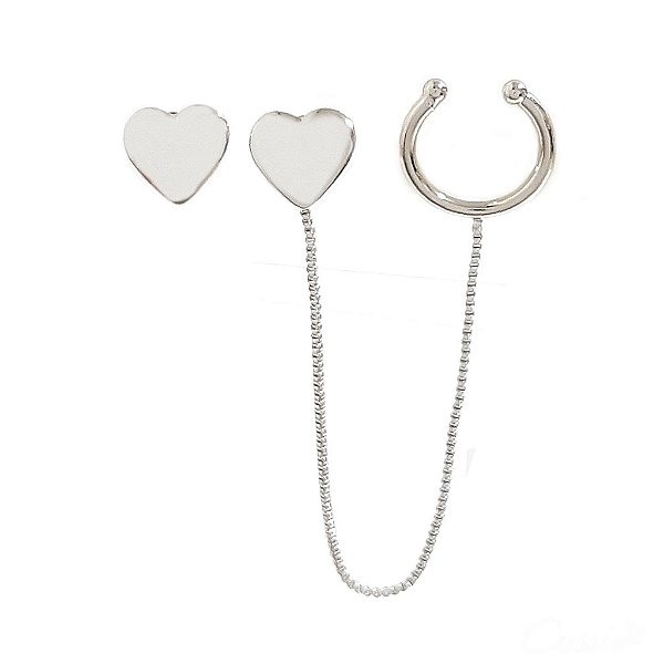 Brinco Piercing Fake Corrente de Coração Ródio