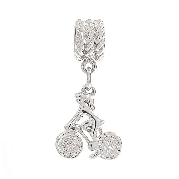 Berloque Charm Pingente Mulher na Bike Banhado a Ródio