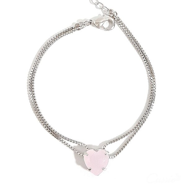 Pulseira Coração Zircônia Leitosa Rosa Ródio