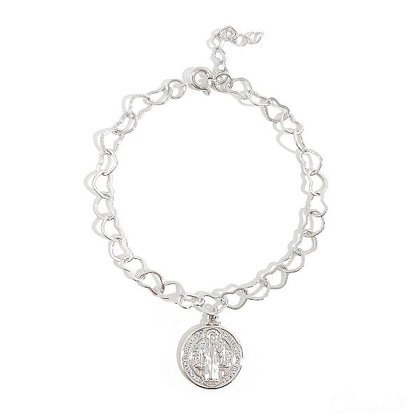 Pulseira Medalha São Bento Corações Ródio
