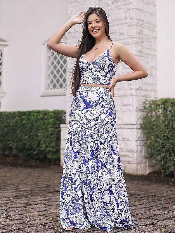 Conjunto Saia Longa e Top Cropped Estampa Azulejo Moda Azul e Branco  Santorini - SM Fashion Store