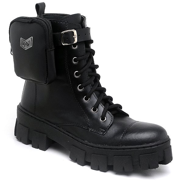 Bota Coturno Tratorada Feminina Casual Cano Curto com Bolsinha Bag Lateral Remov