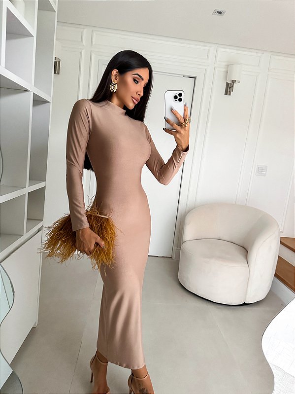 VESTIDO SEXY BÁSICO LONGO COM MANGA COMPRIDA - MODA BLOGUEIRA GRINGA