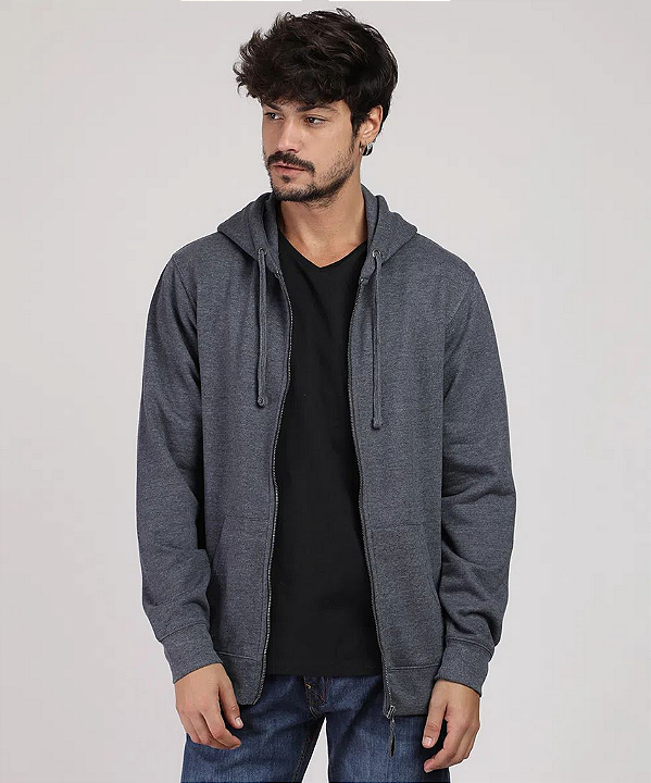 blusão masculino básico em moletom com capuz e bolso cinza mescla escuro