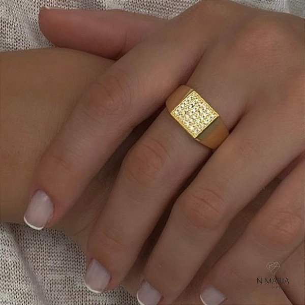 Anel Placa Cravejada Banhado Ouro 18k