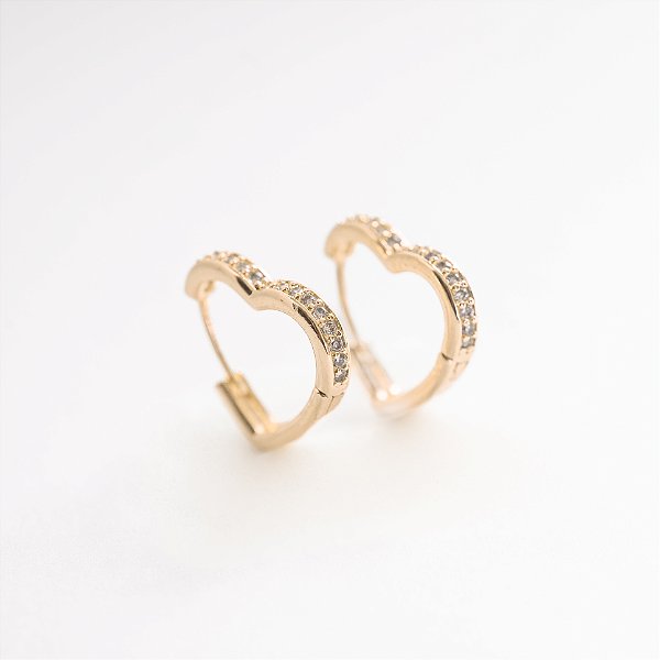 Brincos Argola Coração Cravejada Banhado Ouro 18k