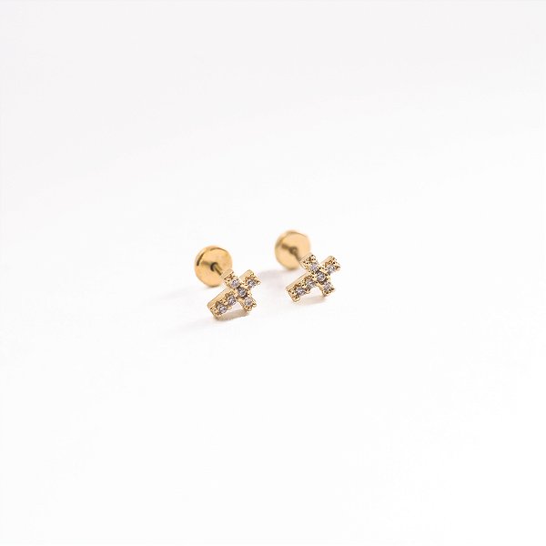 Brincos Cruz Cravejada Banhado Ouro 18k