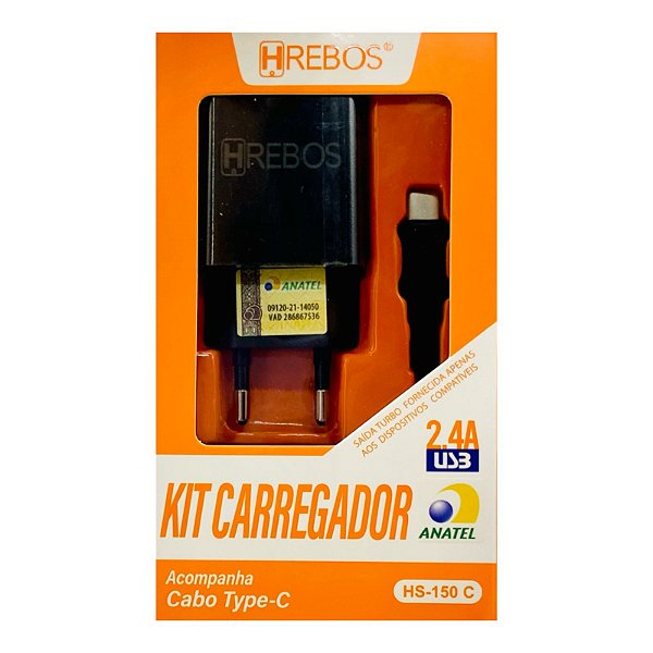 Carregador Completo Tipo C Hrebos Fonte e Cabo 2.4A Preto HS-150C