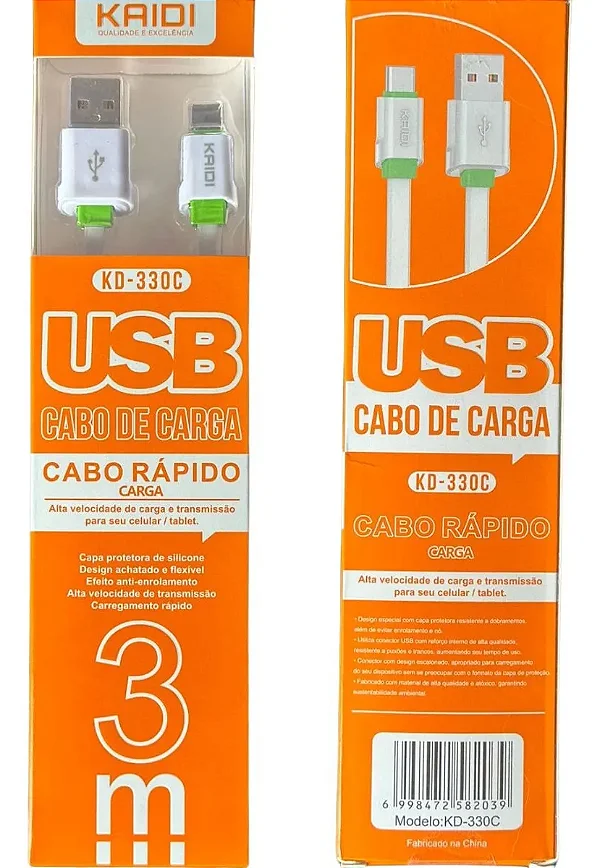 Cabo USB Tipo C Kaidi 3m Reforçado