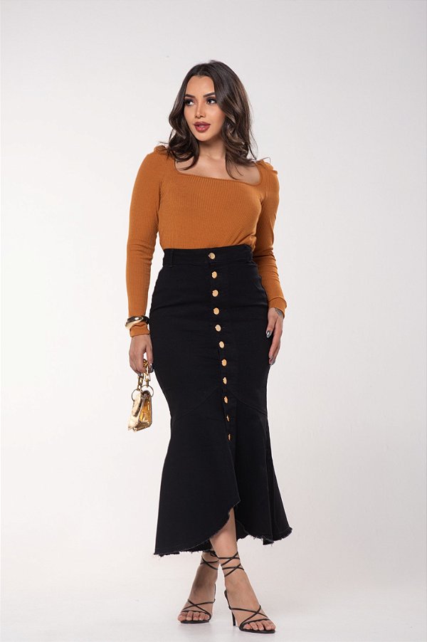 Saia Longa Babado Preta Ref 15079P