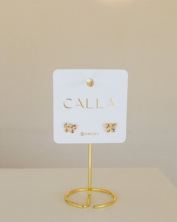 BRINCO BORBOLETA CRAVEJADO ZIRCONIA MULTICOLOR NO OURO