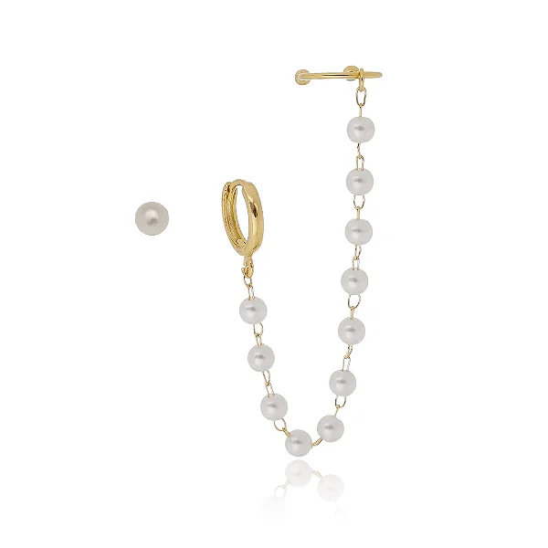 BRINCO EAR LINE PEROLA COM PIERCING FAKE BANHADO A OURO