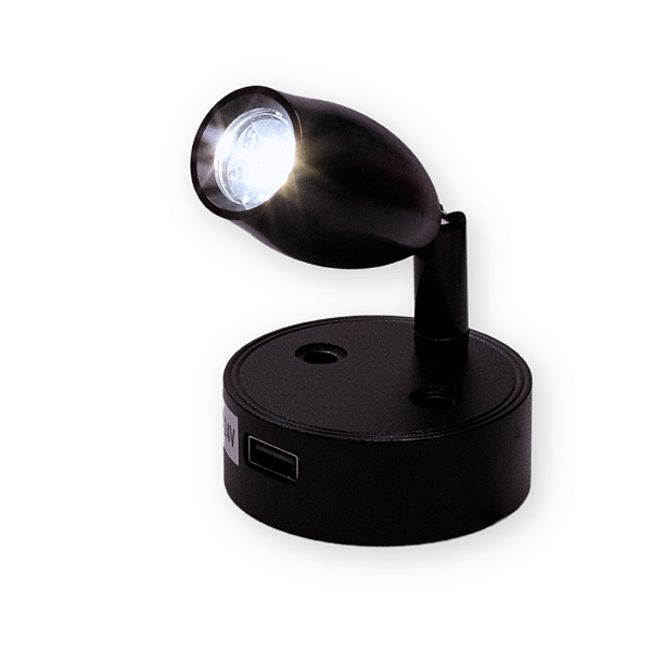 Luz para Cabine/cabeceira 12/24v 3W LED branco frio haste Curta cor preta + USB com sensor de toque