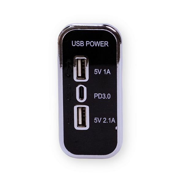 USB Power 12/24v Retangular Preto Aro Prata 2 USB + 1 USBC LED Azul