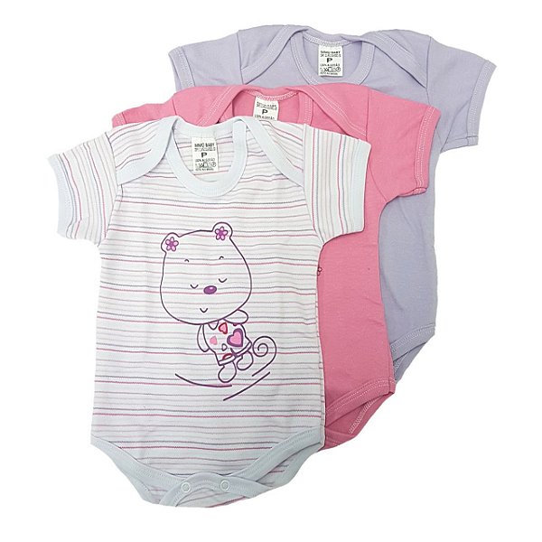 Kit de 3 Bodys de Menina Listrados Rosa