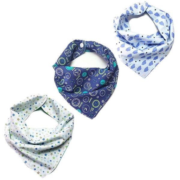 Conjunto 3 Babadores Bandana - Nuvens/Estrelas