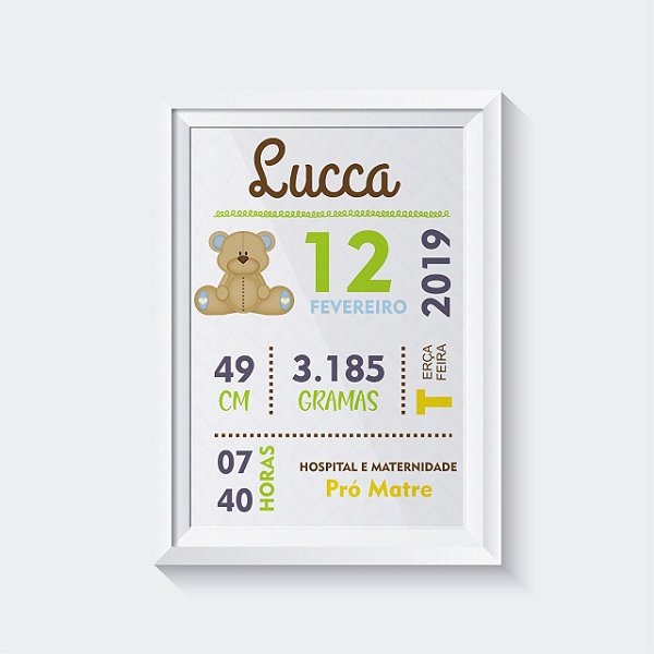 Quadro Decorativo Infantil - Dados de nascimento Ursinho Menino