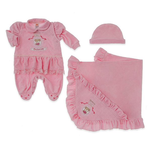 Saída Maternidade Mirella Rosa Plush - 3 peças