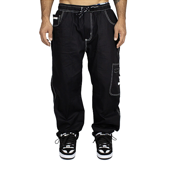 Calça Cargo Wats Sarja Preta Pesponto