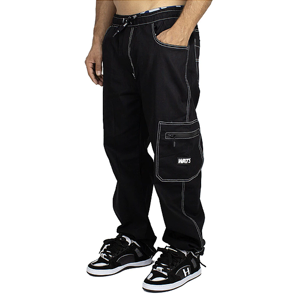 Calça Cargo Wats Sarja Preta Pesponto