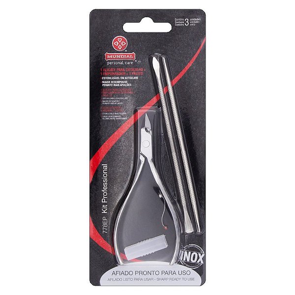 Kit Alicate Cutículas Mundial 778 EP Com Empurrador E Palito Inox