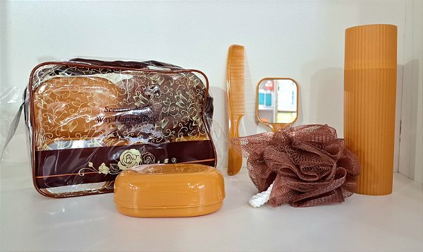 KIT VIAGEM 6 PCS- ESPONJA, SABONETEIRA, PENTE, ESPELHO, PORTA ESCOVA, BOLSA- - VL0811